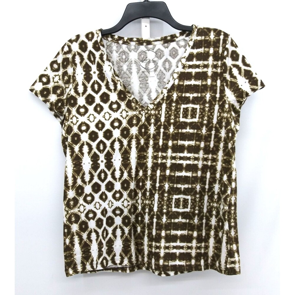 Inc International Concepts Shirt Women Size L White Brown Geometric V Neck Top